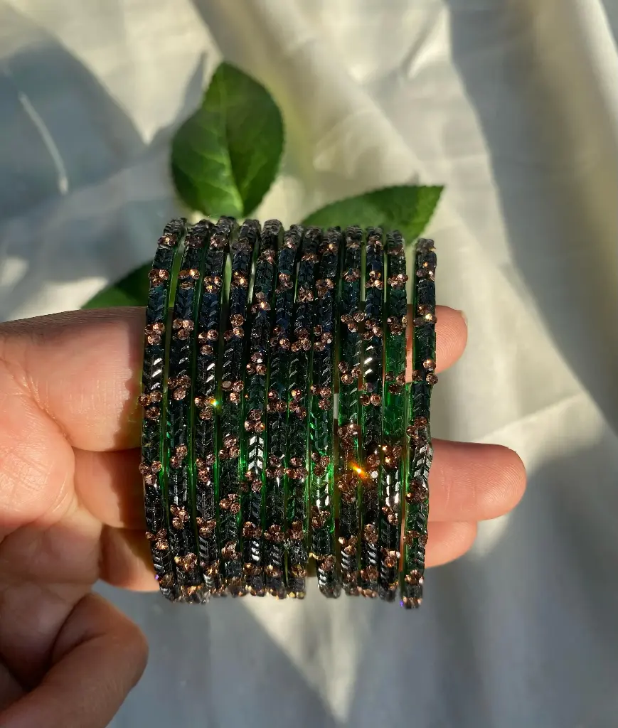 Bottle green Glass Bangles A set of 12 