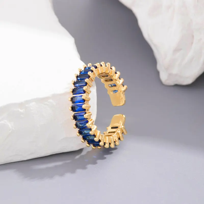 Gold Plated Stainless Steel Anti Tarnish Blue Adjustable Finger Ring For Women