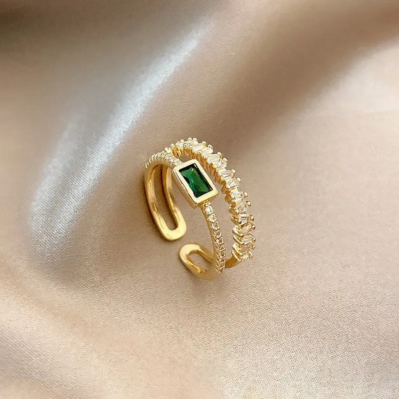 Gold Plated Stainless Steel Anti Tarnish Green Emerald Studded Adjustable Finger Ring