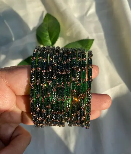 Bottle green Glass Bangles A set of 12 
