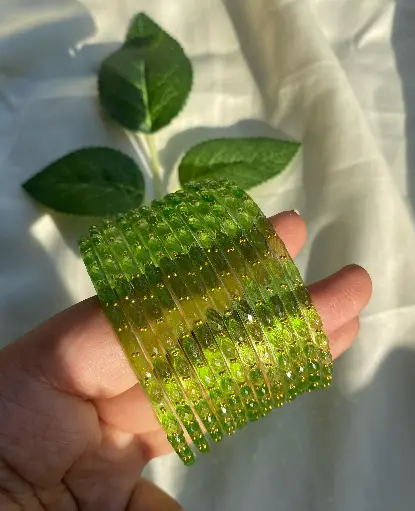 Green Raindrops Glass Bangles A set of 12 