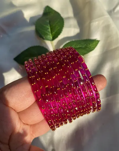 Rani pink Raindrop Glass Bangles A set of 12 