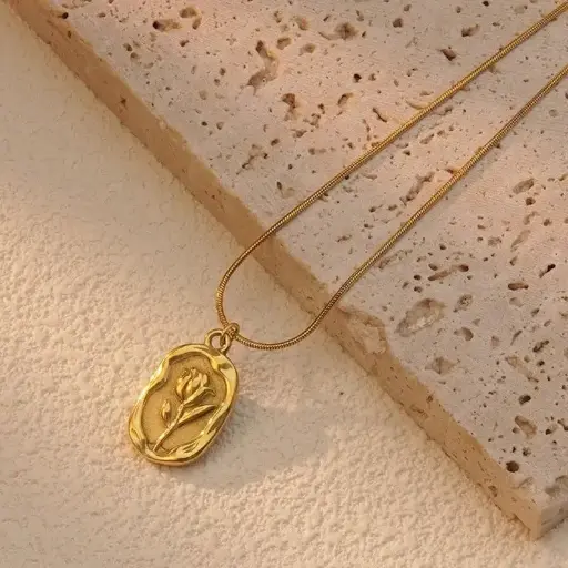 Gold Plated Anti Tarnish White Rose Themed Pendant Necklace