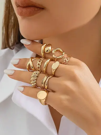 Set Of 10 Gold Plated Midi Adjustable Finger Rings
