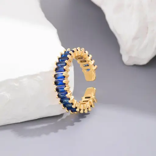 Gold Plated Stainless Steel Anti Tarnish Blue Adjustable Finger Ring For Women