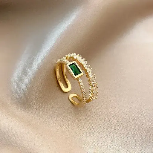 Gold Plated Stainless Steel Anti Tarnish Green Emerald Studded Adjustable Finger Ring