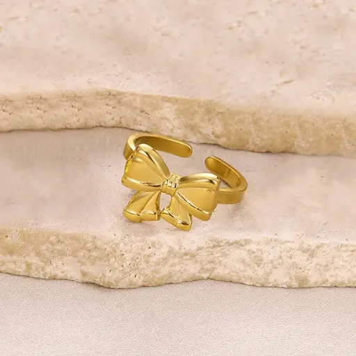 Gold Plated Stainless Steel Anti Tarnish Bow Themed Adjustable Finger Ring For Women